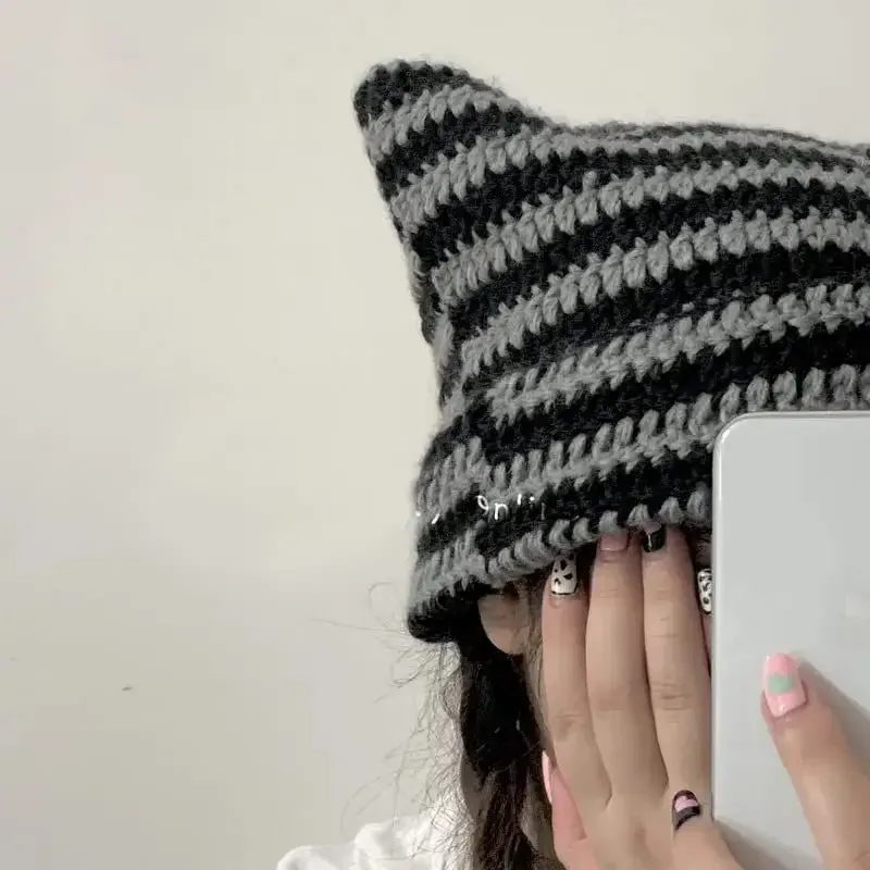 Cute Y2K Striped Cat Ears Beanie for Fashionable Outfits