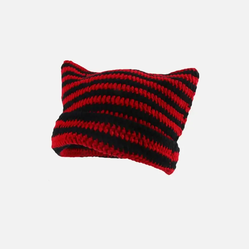 Cute Y2K Striped Cat Ears Beanie for Fashionable Outfits