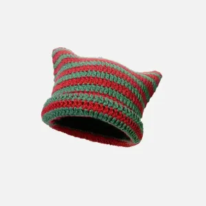 Cute Y2K Striped Cat Ears Beanie for Fashionable Outfits