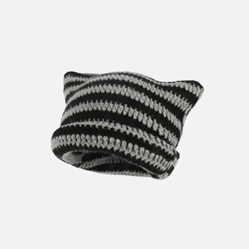 Cute Y2K Striped Cat Ears Beanie for Fashionable Outfits