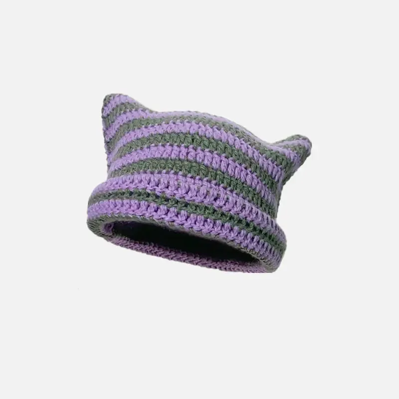 Cute Y2K Striped Cat Ears Beanie for Fashionable Outfits