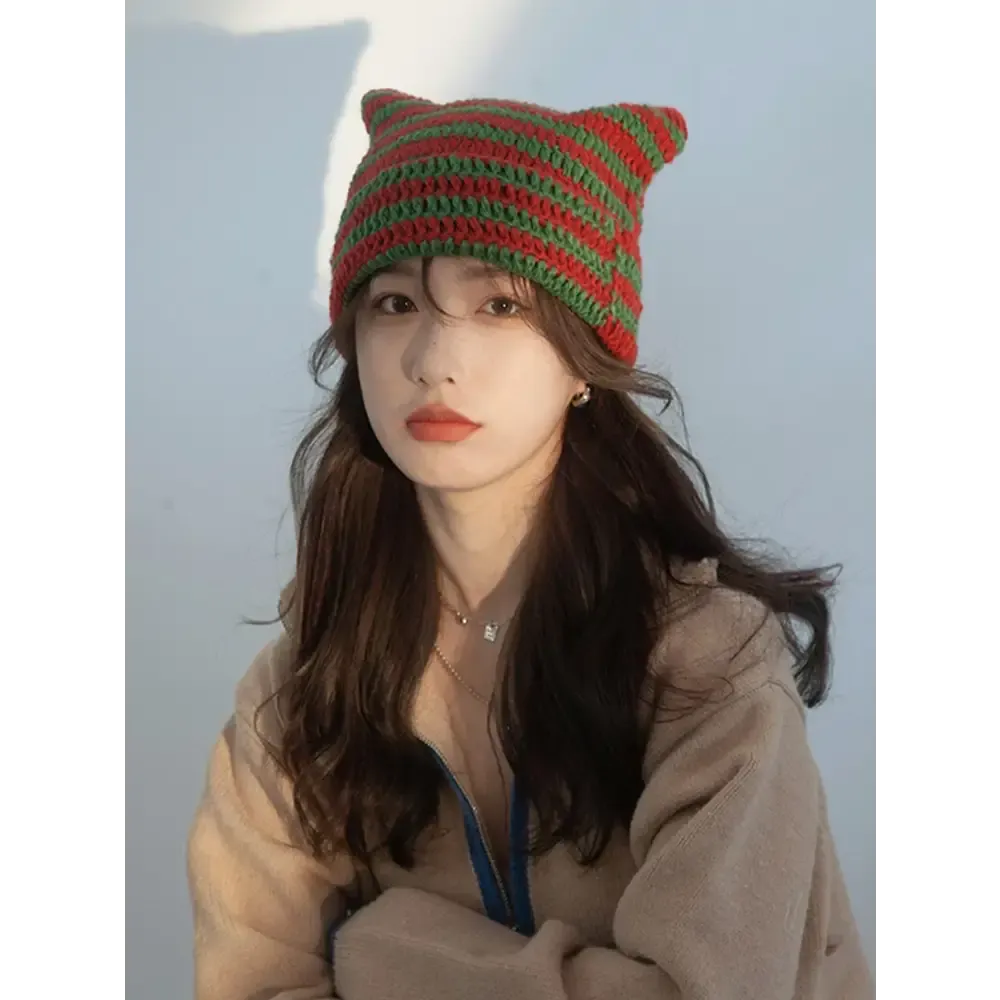 Cute Y2K Striped Cat Ears Beanie for Fashionable Outfits