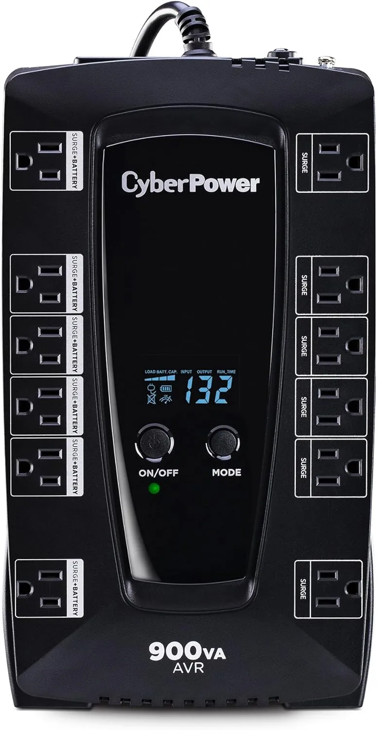 CyberPower AVRG900LCD Intelligent LCD UPS System, 900VA/480W, 12 Outlets, AVR, Compact