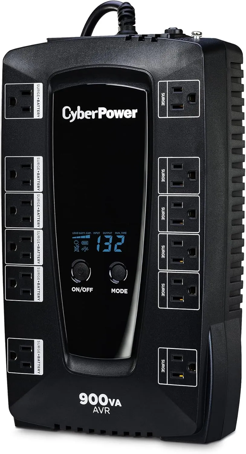 CyberPower AVRG900LCD Intelligent LCD UPS System, 900VA/480W, 12 Outlets, AVR, Compact