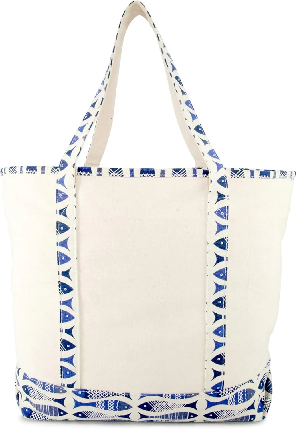 DALIX 22" Shopping Tote Bag Heavy Cotton Canvas (Zippered Top) Blue Antique Fish