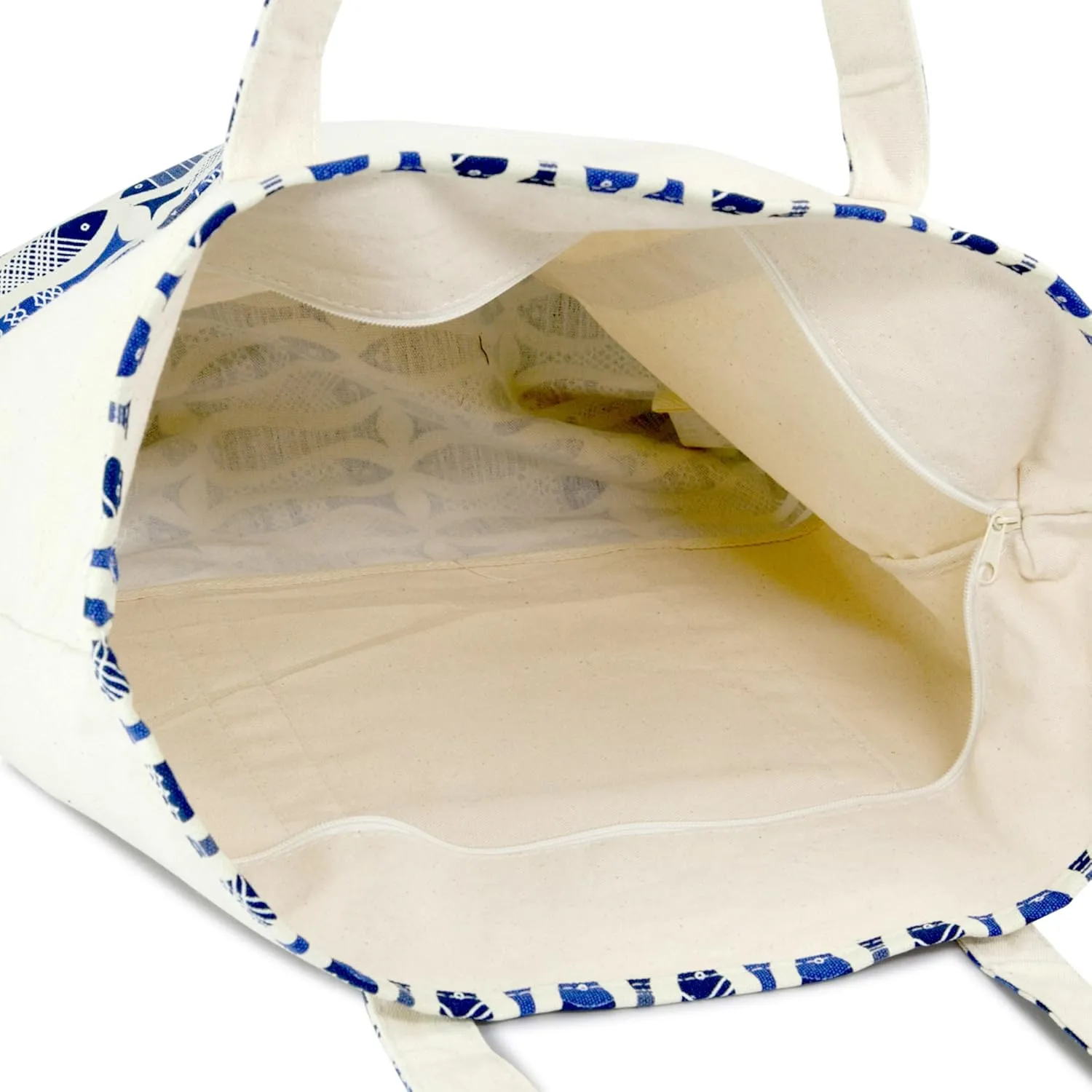 DALIX 22" Shopping Tote Bag Heavy Cotton Canvas (Zippered Top) Blue Antique Fish