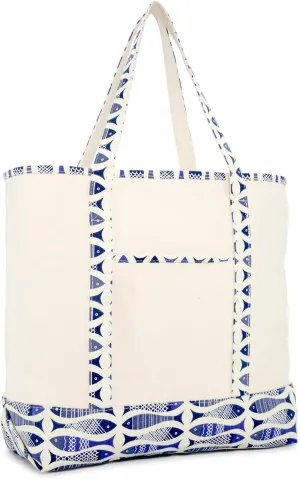 DALIX 22" Shopping Tote Bag Heavy Cotton Canvas (Zippered Top) Blue Antique Fish