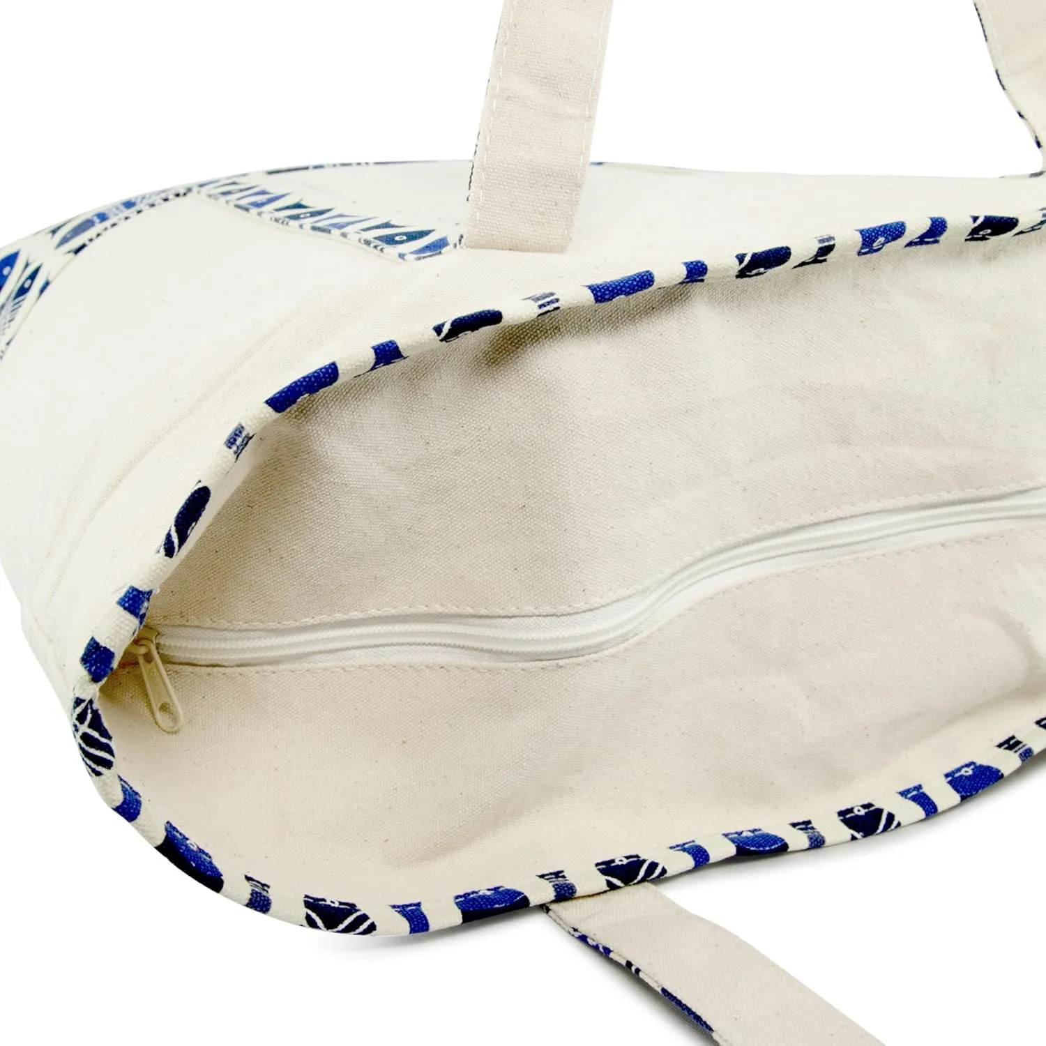 DALIX 22" Shopping Tote Bag Heavy Cotton Canvas (Zippered Top) Blue Antique Fish