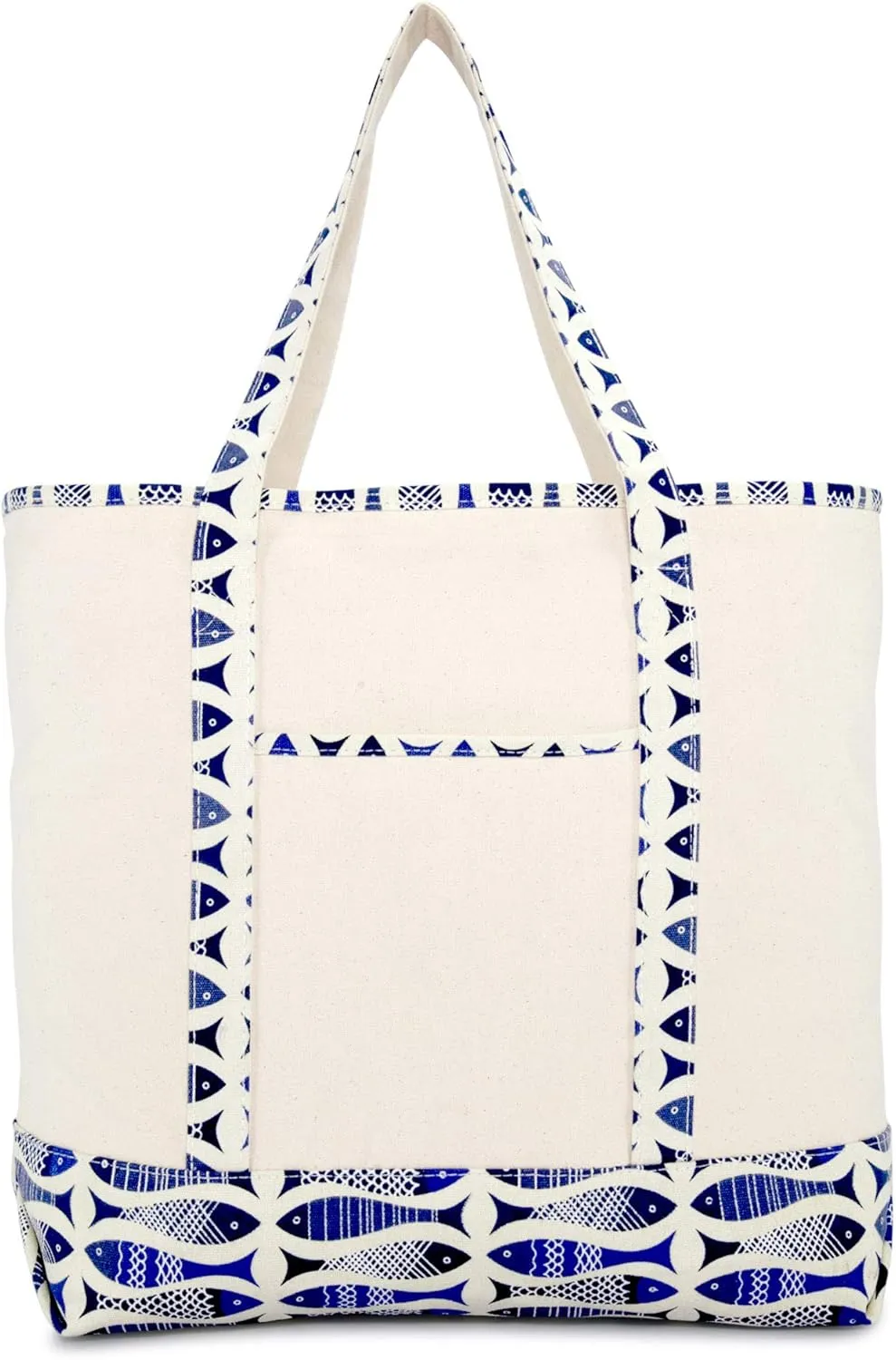 DALIX 22" Shopping Tote Bag Heavy Cotton Canvas (Zippered Top) Blue Antique Fish