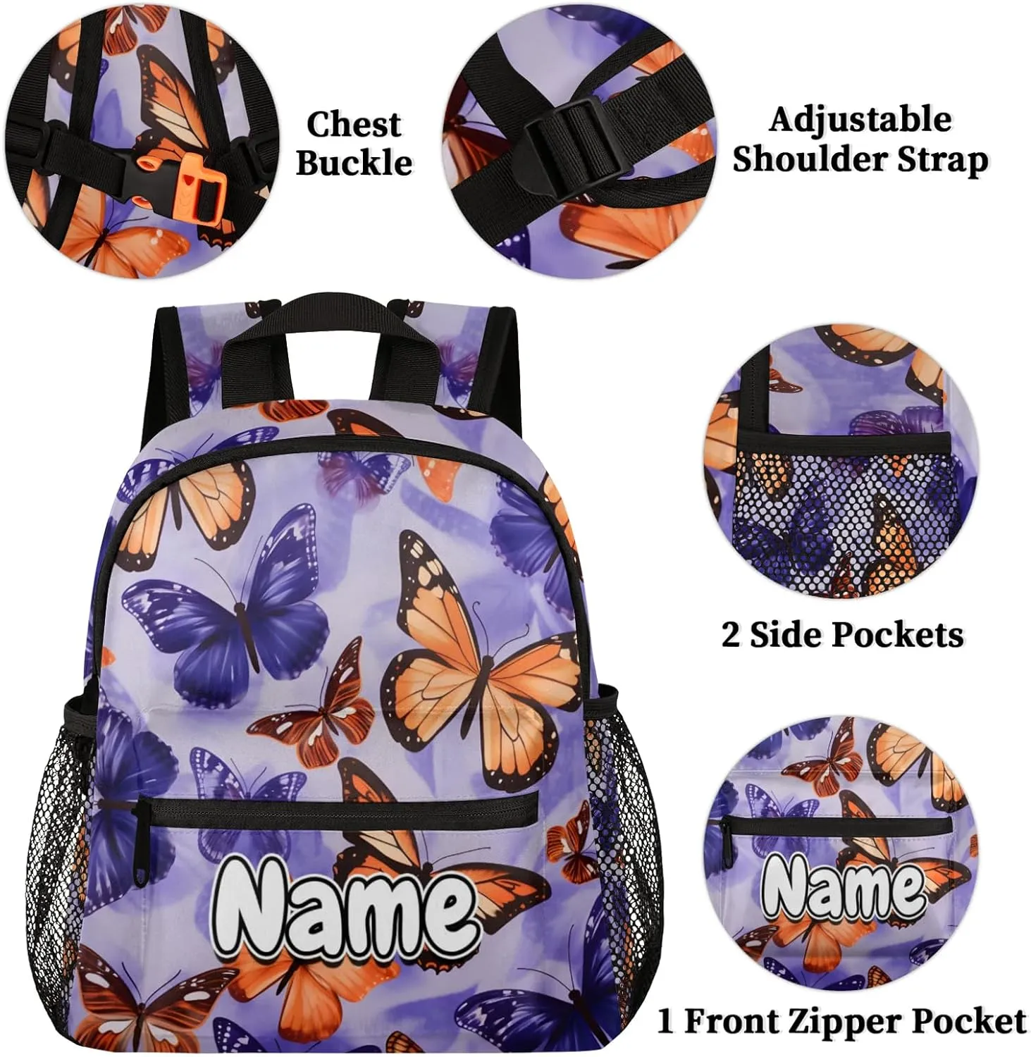 Decorative Butterfly Floral Print Personalized Backpack Bag with Name Lightweight Custom Shoulder Bags Waterproof Casual Backpacks Travel Laptop Bag for Work Picnic 12in