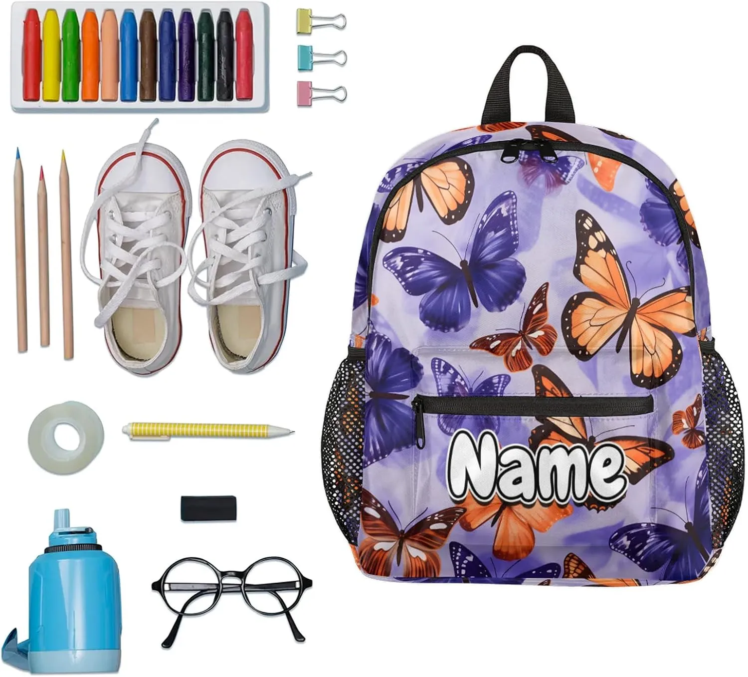 Decorative Butterfly Floral Print Personalized Backpack Bag with Name Lightweight Custom Shoulder Bags Waterproof Casual Backpacks Travel Laptop Bag for Work Picnic 12in