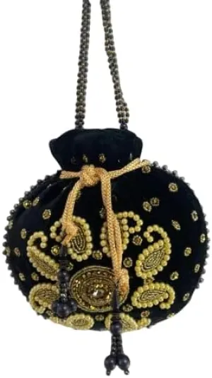 Decorative Velvet Drawstring Handbag – Black with Gold Embroidery & Beaded Closure, Handmade Evening Bag, Wedding & Festival Accessory