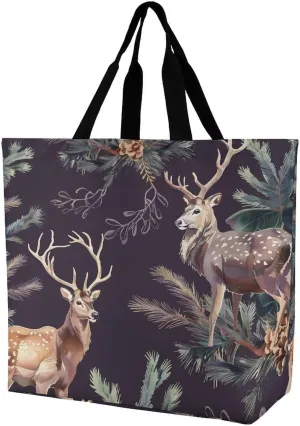 Deer Antlers Pine Tree Hunting Shopping Bag Reusable Tote Bag Lightweight Shoulder Bag Grocery Bag for Women Men