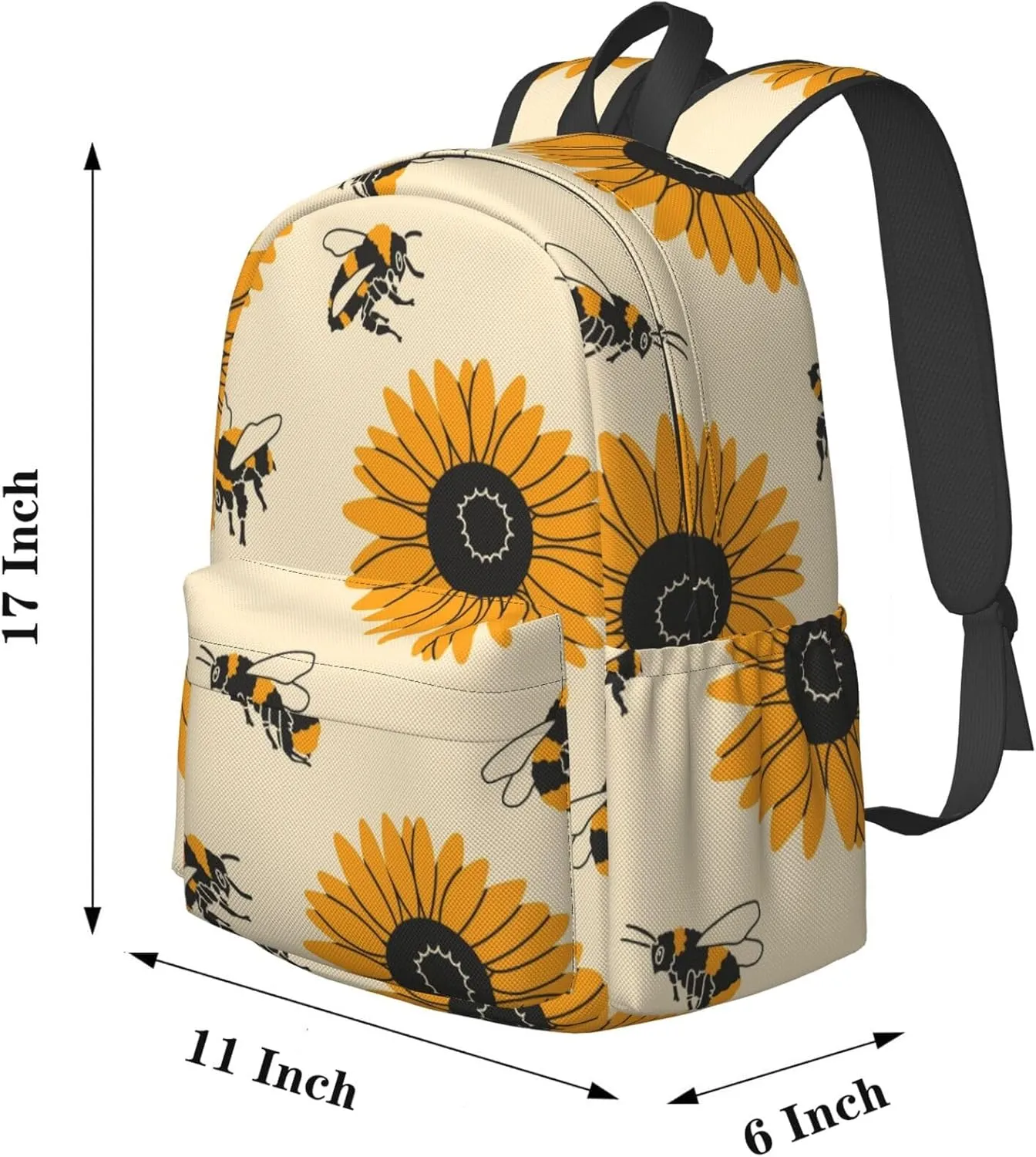 Delerain 17 Inch Backpack Bees and Sunflowers Laptop Backpack School Bookbag Shoulder Bag Casual Daypack For School/Camping/Hiking/Picnic/Beach/Travel
