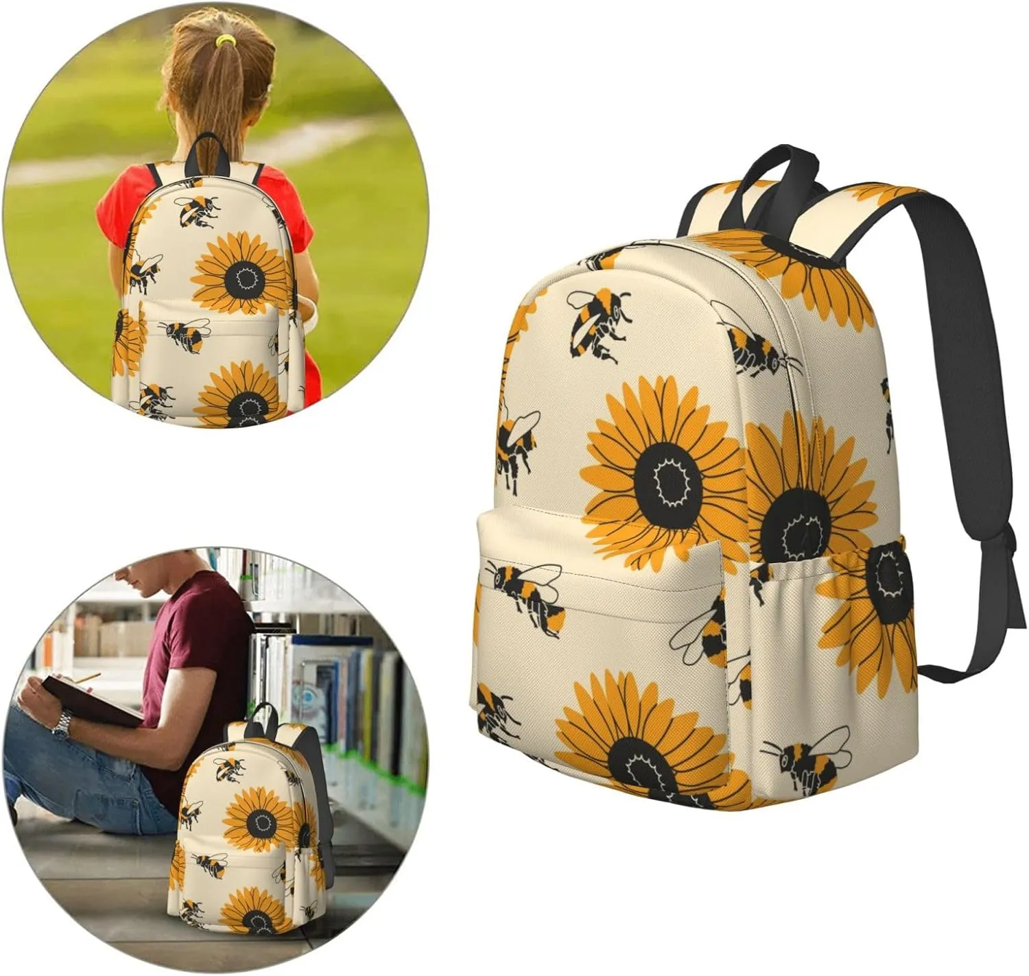 Delerain 17 Inch Backpack Bees and Sunflowers Laptop Backpack School Bookbag Shoulder Bag Casual Daypack For School/Camping/Hiking/Picnic/Beach/Travel