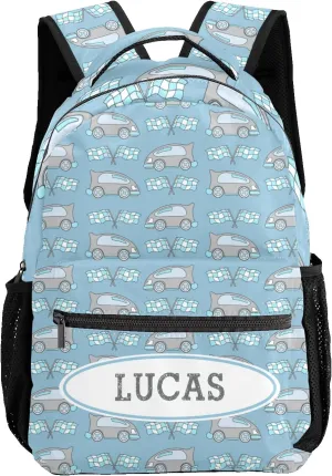 Deven Race Car Cartoon Blue Personalized Kids Backpack for Boy/Girl Teen Primary School Daypack Travel Bag Bookbag