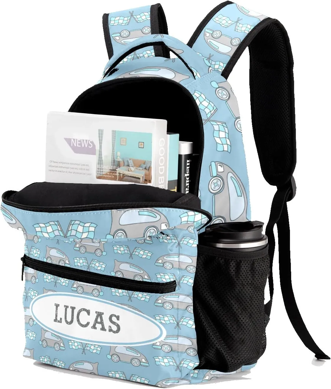 Deven Race Car Cartoon Blue Personalized Kids Backpack for Boy/Girl Teen Primary School Daypack Travel Bag Bookbag