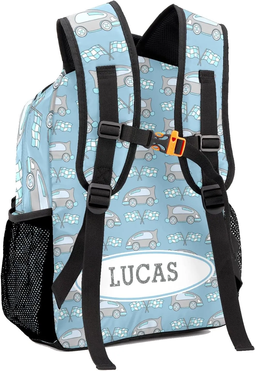 Deven Race Car Cartoon Blue Personalized Kids Backpack for Boy/Girl Teen Primary School Daypack Travel Bag Bookbag