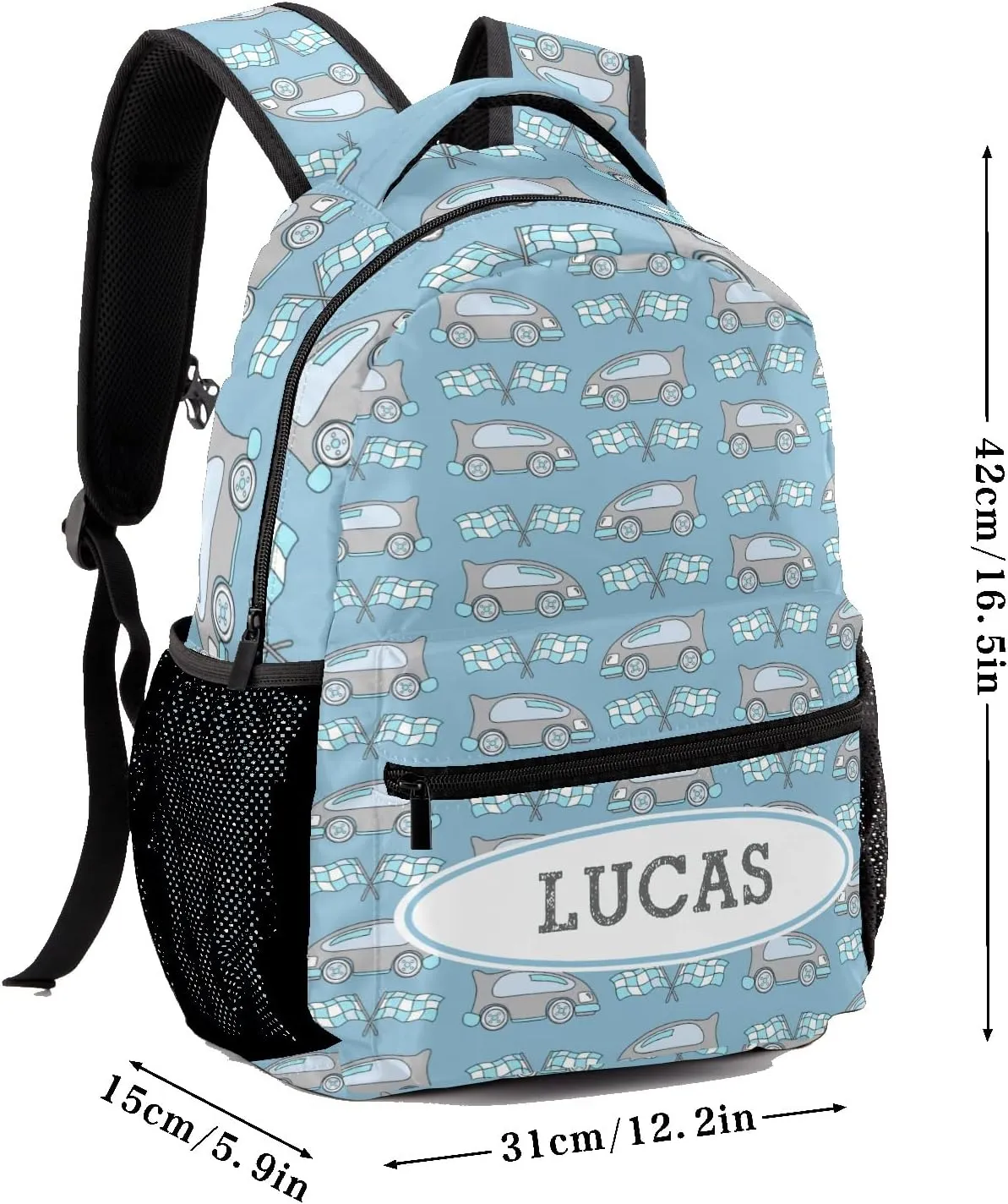 Deven Race Car Cartoon Blue Personalized Kids Backpack for Boy/Girl Teen Primary School Daypack Travel Bag Bookbag