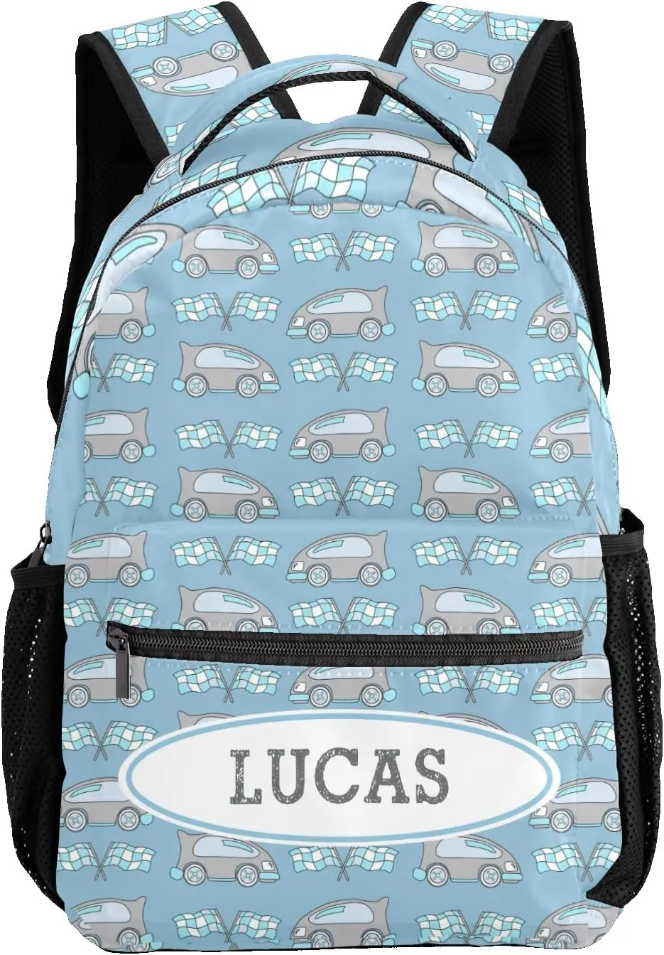 Deven Race Car Cartoon Blue Personalized Kids Backpack for Boy/Girl Teen Primary School Daypack Travel Bag Bookbag