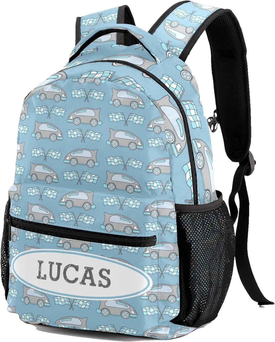 Deven Race Car Cartoon Blue Personalized Kids Backpack for Boy/Girl Teen Primary School Daypack Travel Bag Bookbag