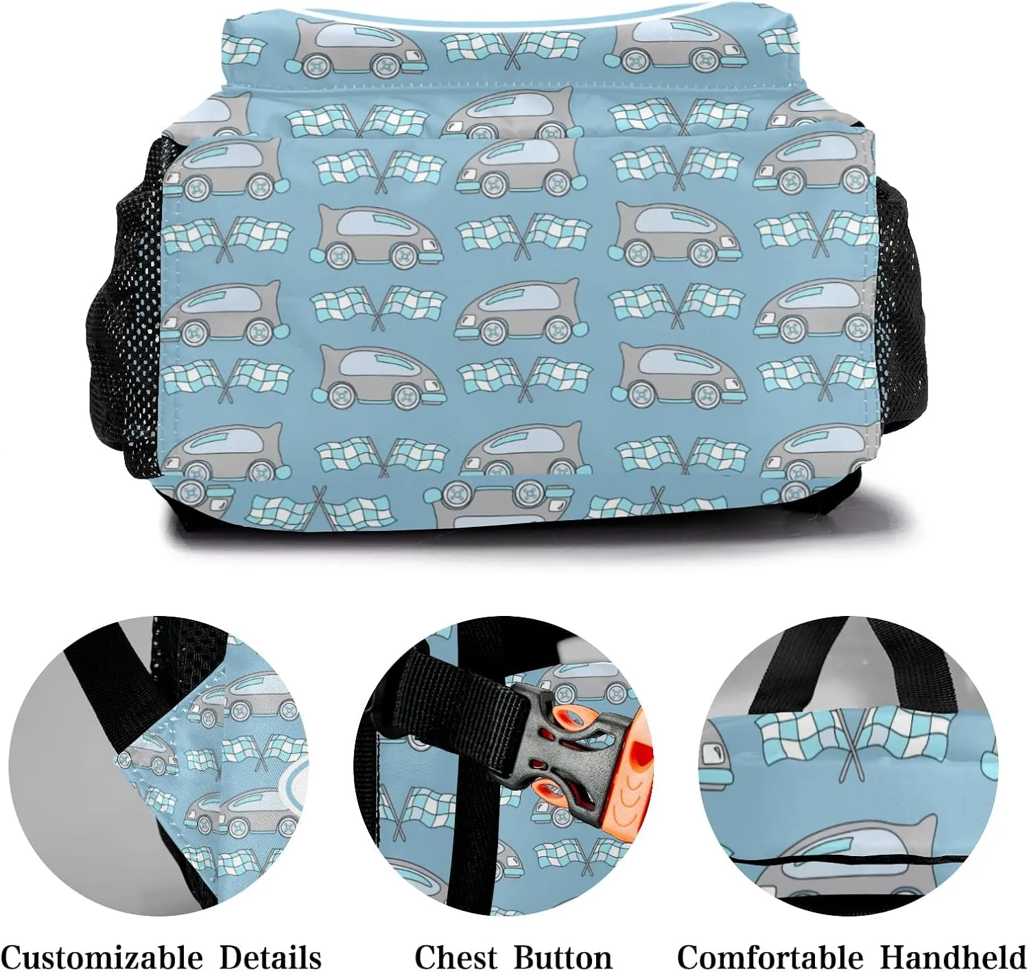 Deven Race Car Cartoon Blue Personalized Kids Backpack for Boy/Girl Teen Primary School Daypack Travel Bag Bookbag