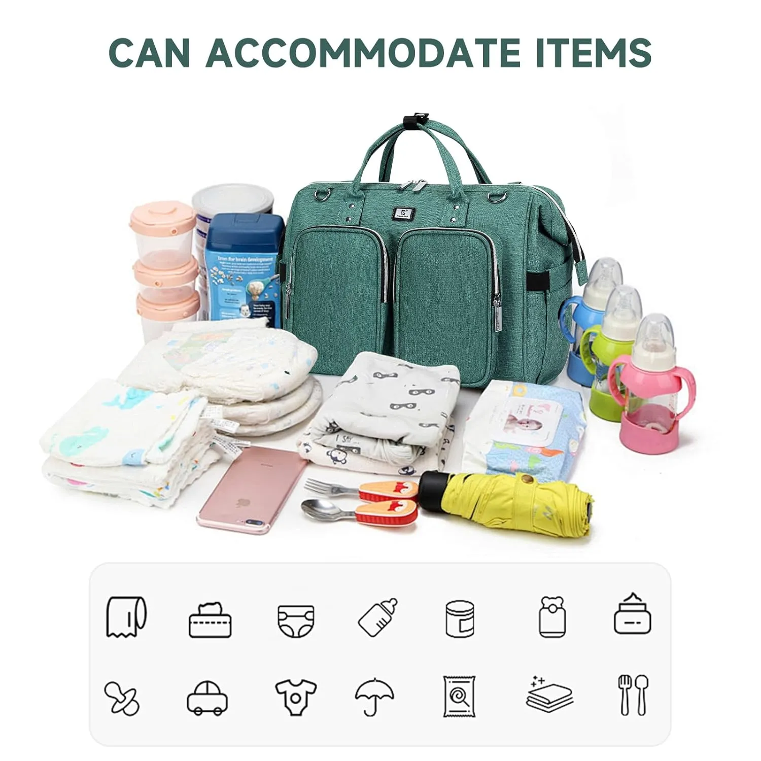 Diaper Bag Totes with Changing Pad & Stroller Straps, Large Portable Newborn Baby Bags, Unisex and Stylish Travel Diaper Backpacks for Mom and Dad (Green)