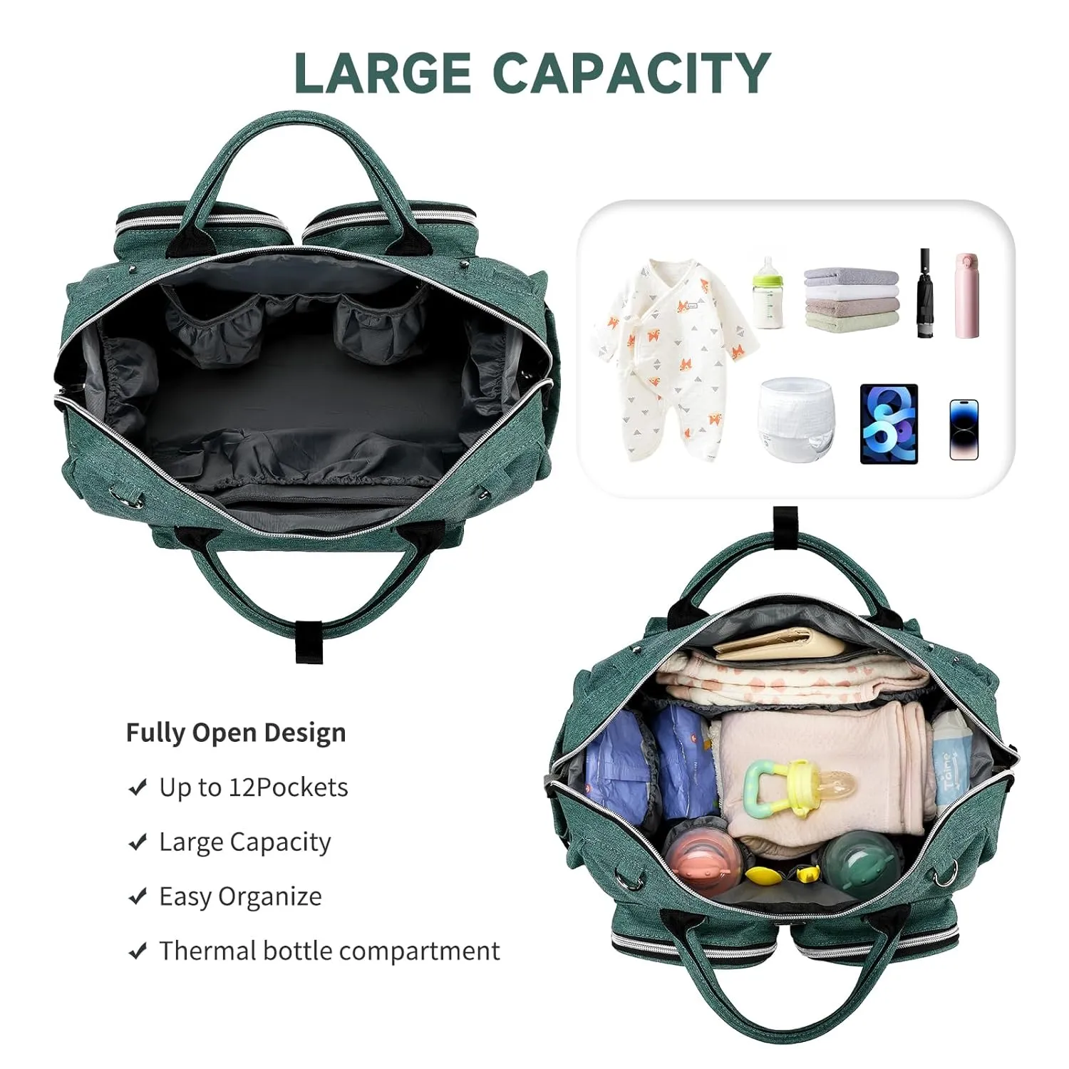 Diaper Bag Totes with Changing Pad & Stroller Straps, Large Portable Newborn Baby Bags, Unisex and Stylish Travel Diaper Backpacks for Mom and Dad (Green)