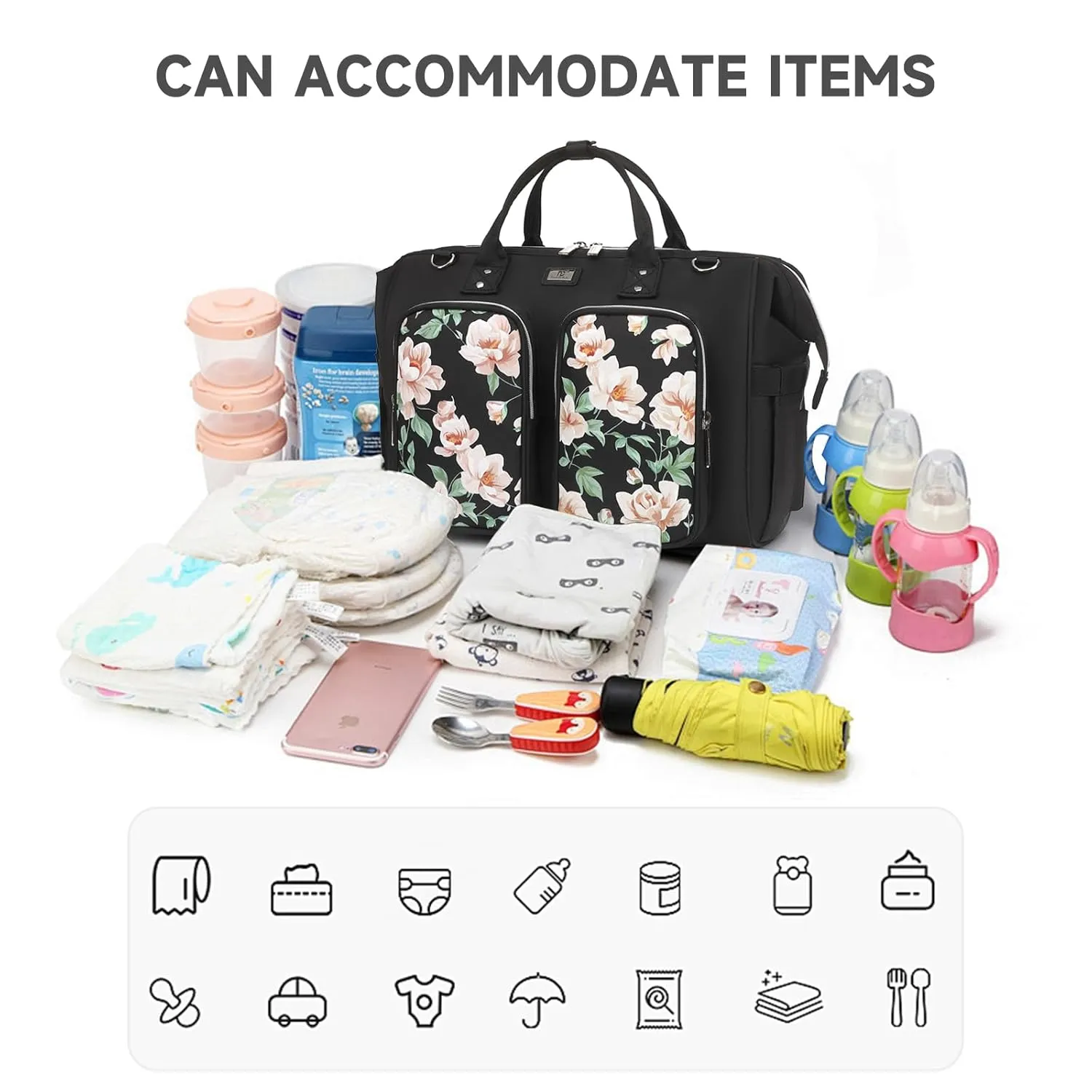 Diaper Bag Totes with Changing Pad & Stroller Straps, Large Portable Newborn Baby Bags, Unisex and Stylish Travel Diaper Backpacks for Mom and Dad (Peony)