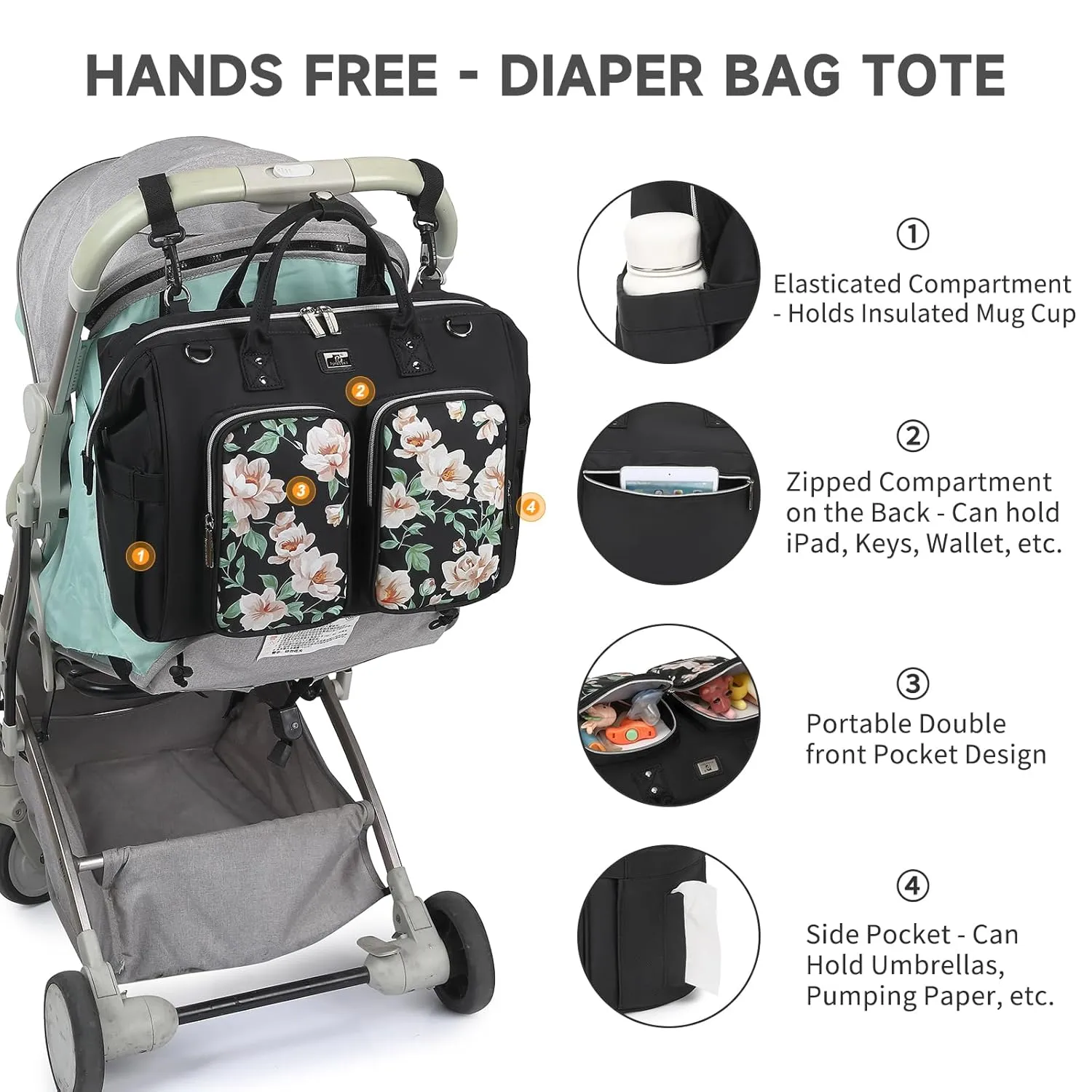 Diaper Bag Totes with Changing Pad & Stroller Straps, Large Portable Newborn Baby Bags, Unisex and Stylish Travel Diaper Backpacks for Mom and Dad (Peony)