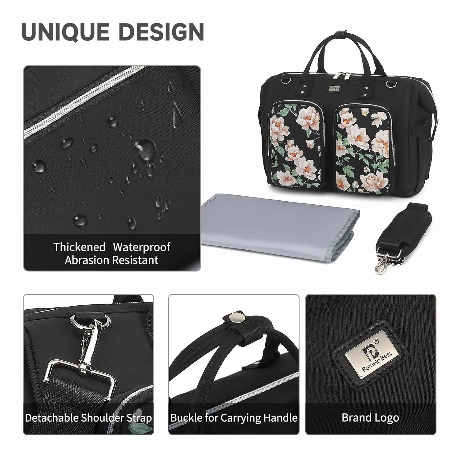 Diaper Bag Totes with Changing Pad & Stroller Straps, Large Portable Newborn Baby Bags, Unisex and Stylish Travel Diaper Backpacks for Mom and Dad (Peony)