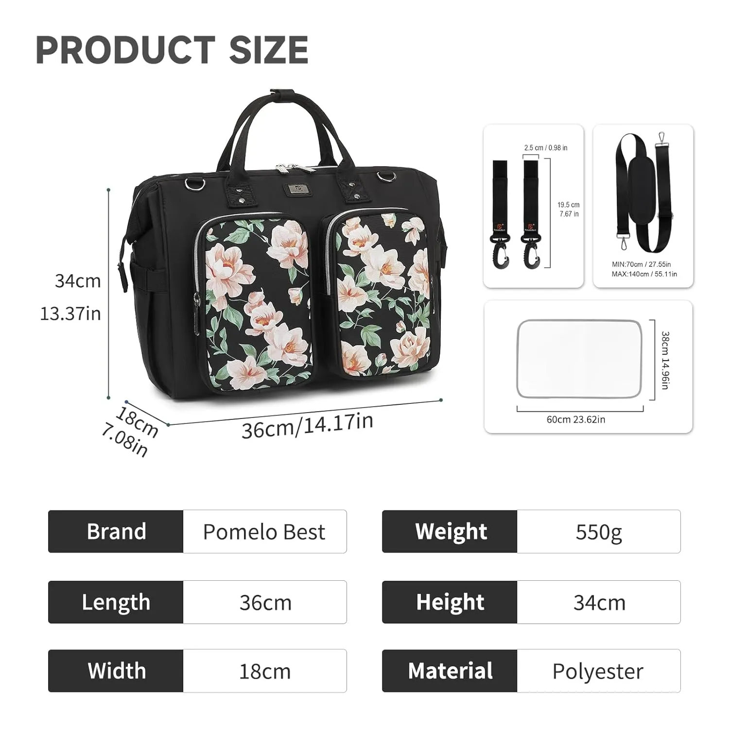 Diaper Bag Totes with Changing Pad & Stroller Straps, Large Portable Newborn Baby Bags, Unisex and Stylish Travel Diaper Backpacks for Mom and Dad (Peony)
