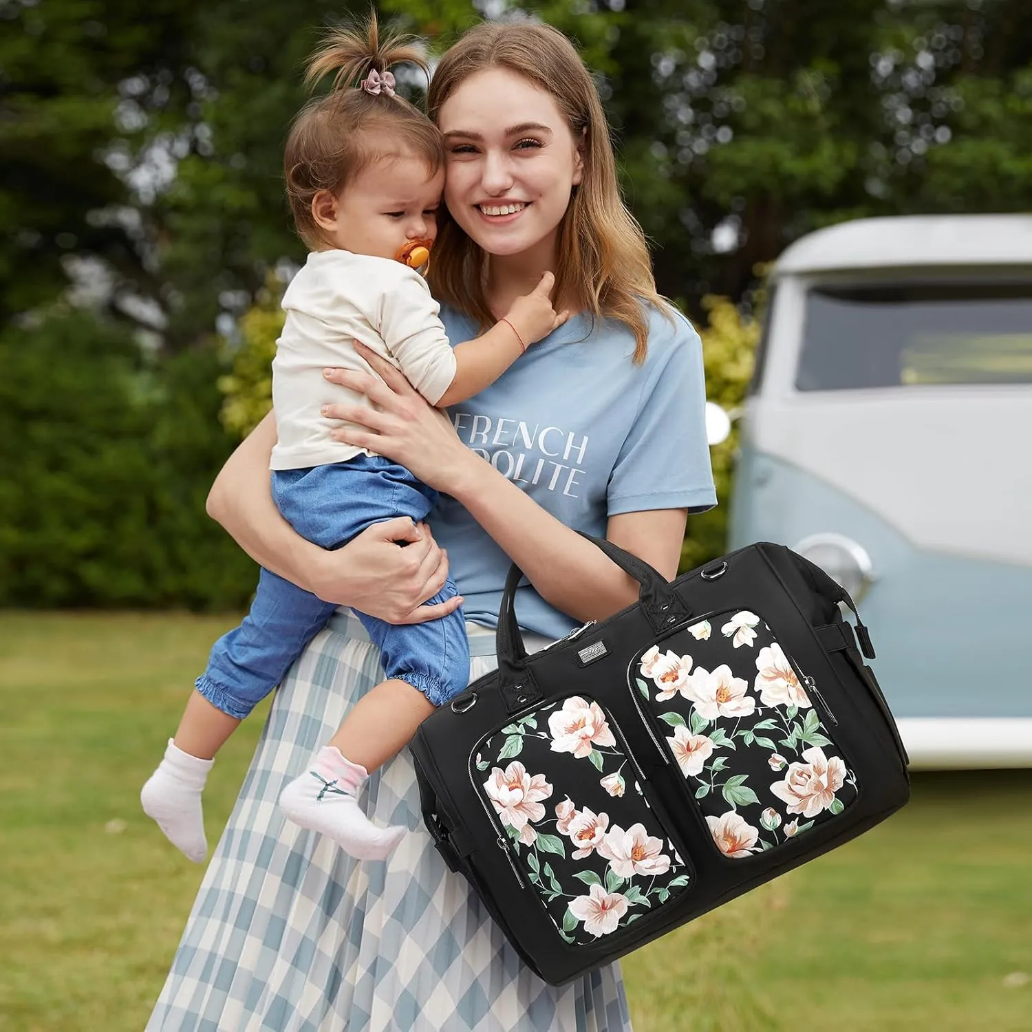 Diaper Bag Totes with Changing Pad & Stroller Straps, Large Portable Newborn Baby Bags, Unisex and Stylish Travel Diaper Backpacks for Mom and Dad (Peony)