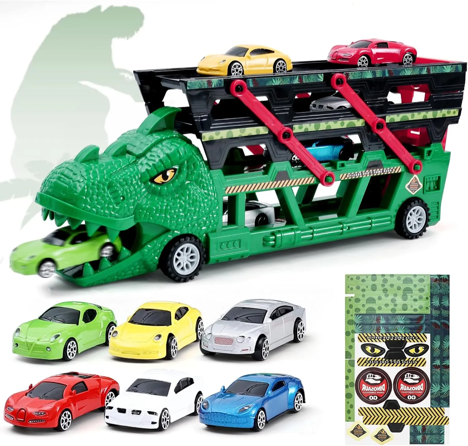 Dinosaur Truck Toy with 6 Stylish Diecast Race Cars for 3  Years Old Toddler Boys - Dinosaur Carrier Truck with 4 Expandable Levels and Cars Launcher - Gift for Preschool Kids
