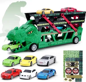 Dinosaur Truck Toy with 6 Stylish Diecast Race Cars for 3  Years Old Toddler Boys - Dinosaur Carrier Truck with 4 Expandable Levels and Cars Launcher - Gift for Preschool Kids