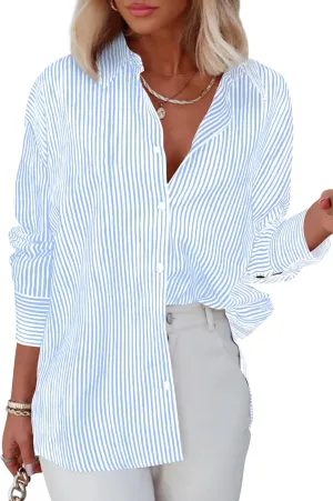 Diosun Womens Striped Button Down Shirts Classic Long Sleeve Stylish Collared Office Work Blouses Tops