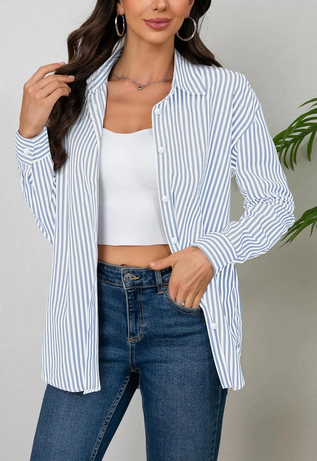 Diosun Womens Striped Button Down Shirts Classic Long Sleeve Stylish Collared Office Work Blouses Tops