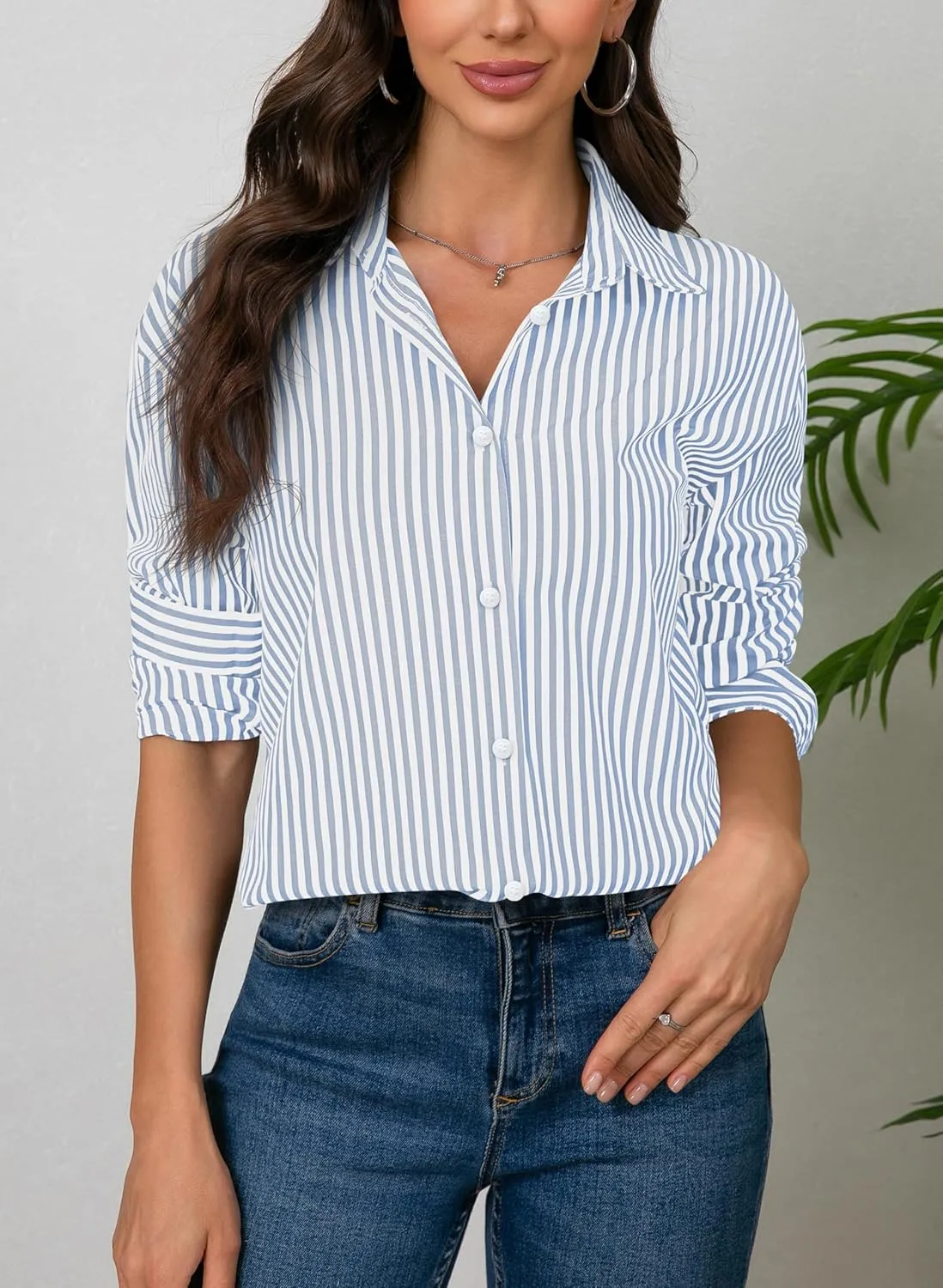 Diosun Womens Striped Button Down Shirts Classic Long Sleeve Stylish Collared Office Work Blouses Tops