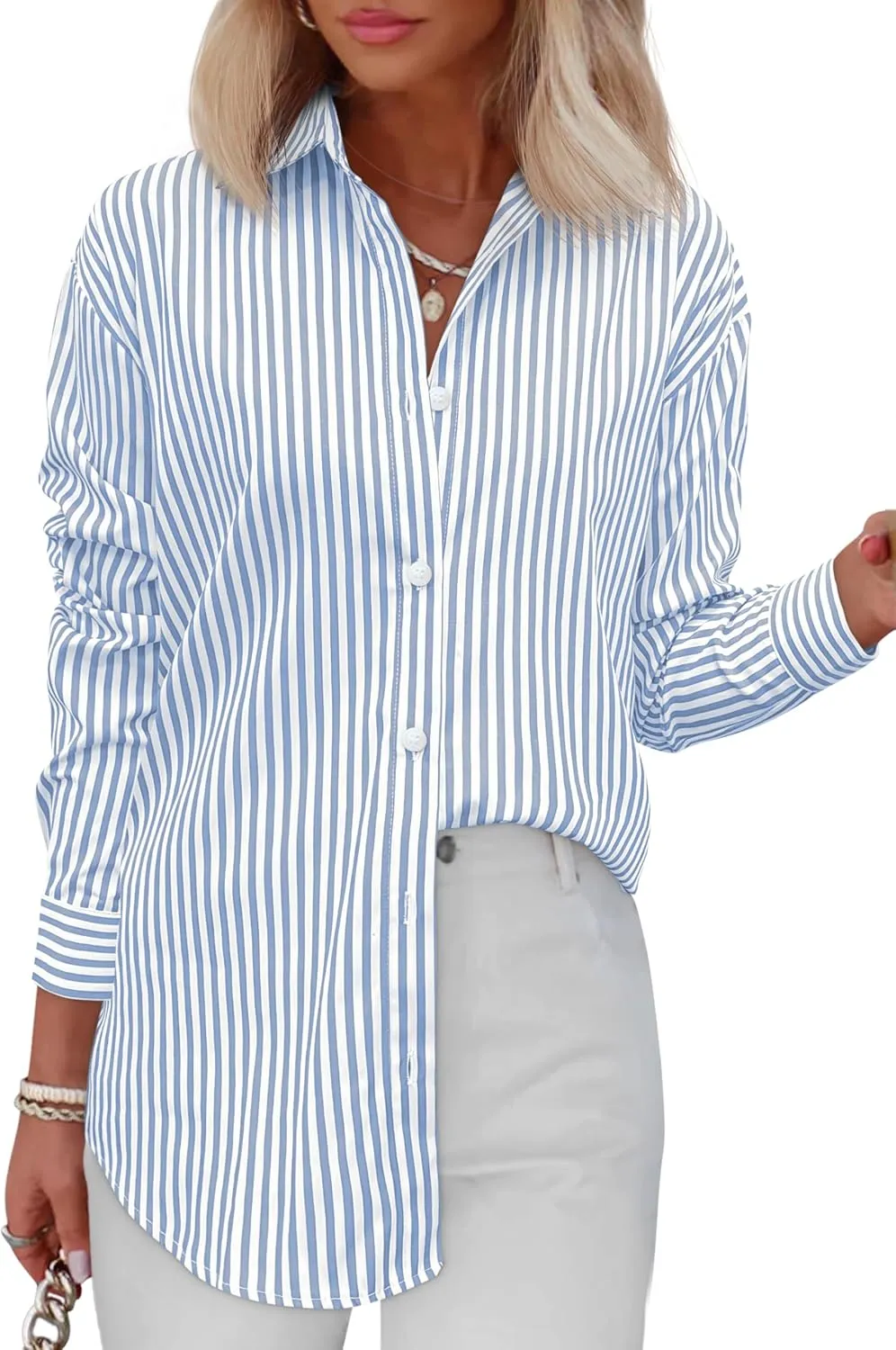 Diosun Womens Striped Button Down Shirts Classic Long Sleeve Stylish Collared Office Work Blouses Tops