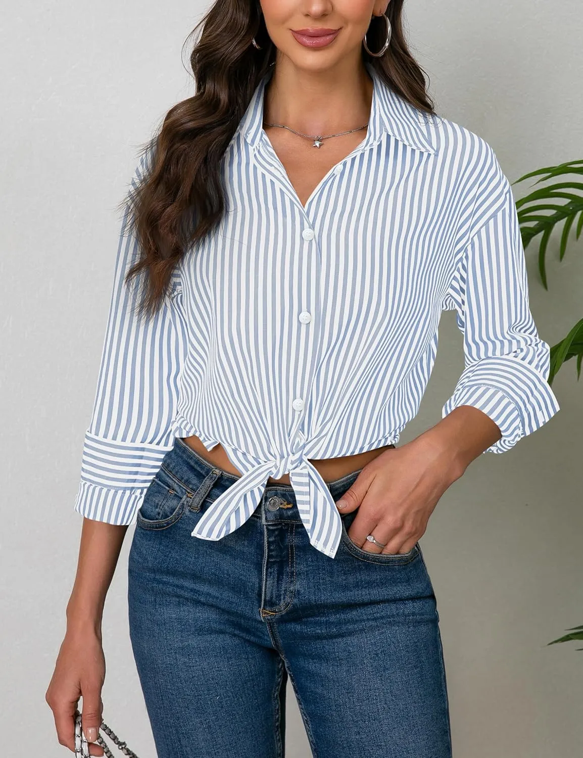 Diosun Womens Striped Button Down Shirts Classic Long Sleeve Stylish Collared Office Work Blouses Tops