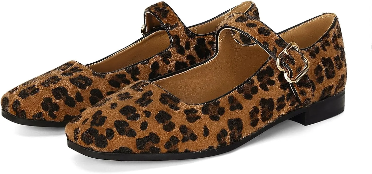 DOEYG Mesh Ballet Flats Shoes for Women Leopard Animal Print Mary Jane Flats Shoes Square Toe Dress Casual Comfortable Velvet Ballerina Shoes