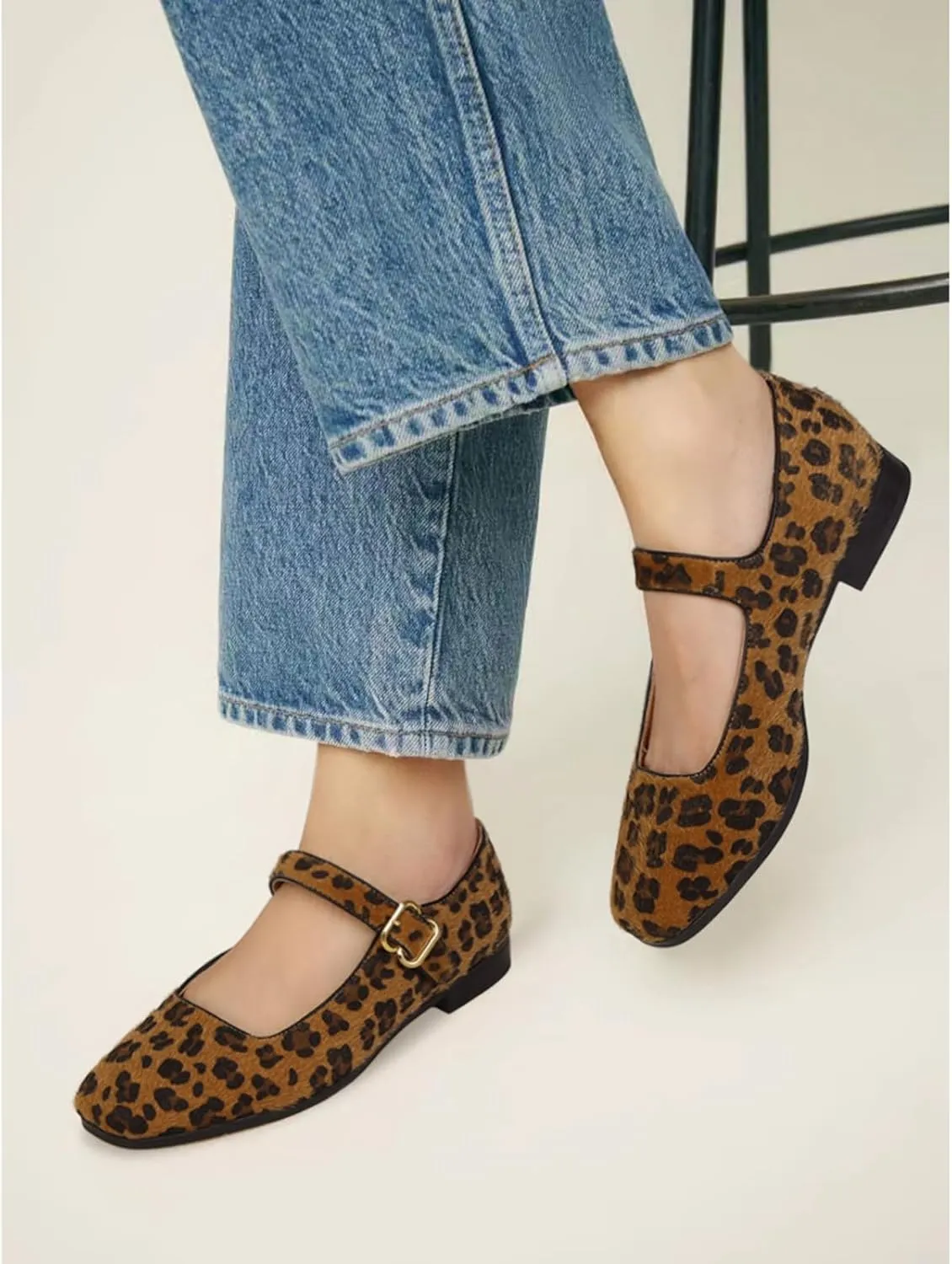 DOEYG Mesh Ballet Flats Shoes for Women Leopard Animal Print Mary Jane Flats Shoes Square Toe Dress Casual Comfortable Velvet Ballerina Shoes