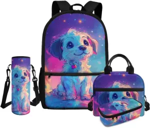 Dog Elementary Backpack for Girls 4pc Bookbag and Lunch Box Set 12-14 Ergonomic Large Capacity 6th Grade School Bag with Water Bottle Holder Travel Daypack
