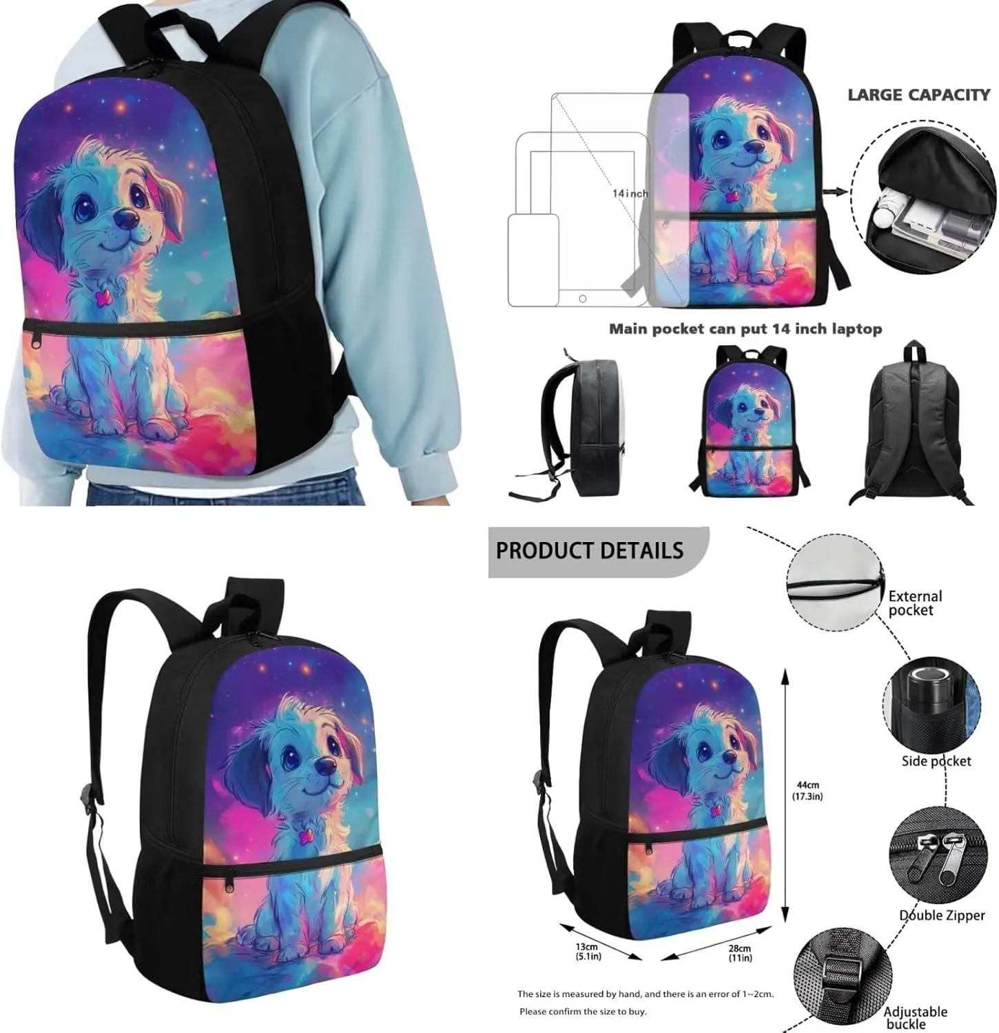 Dog Elementary Backpack for Girls 4pc Bookbag and Lunch Box Set 12-14 Ergonomic Large Capacity 6th Grade School Bag with Water Bottle Holder Travel Daypack