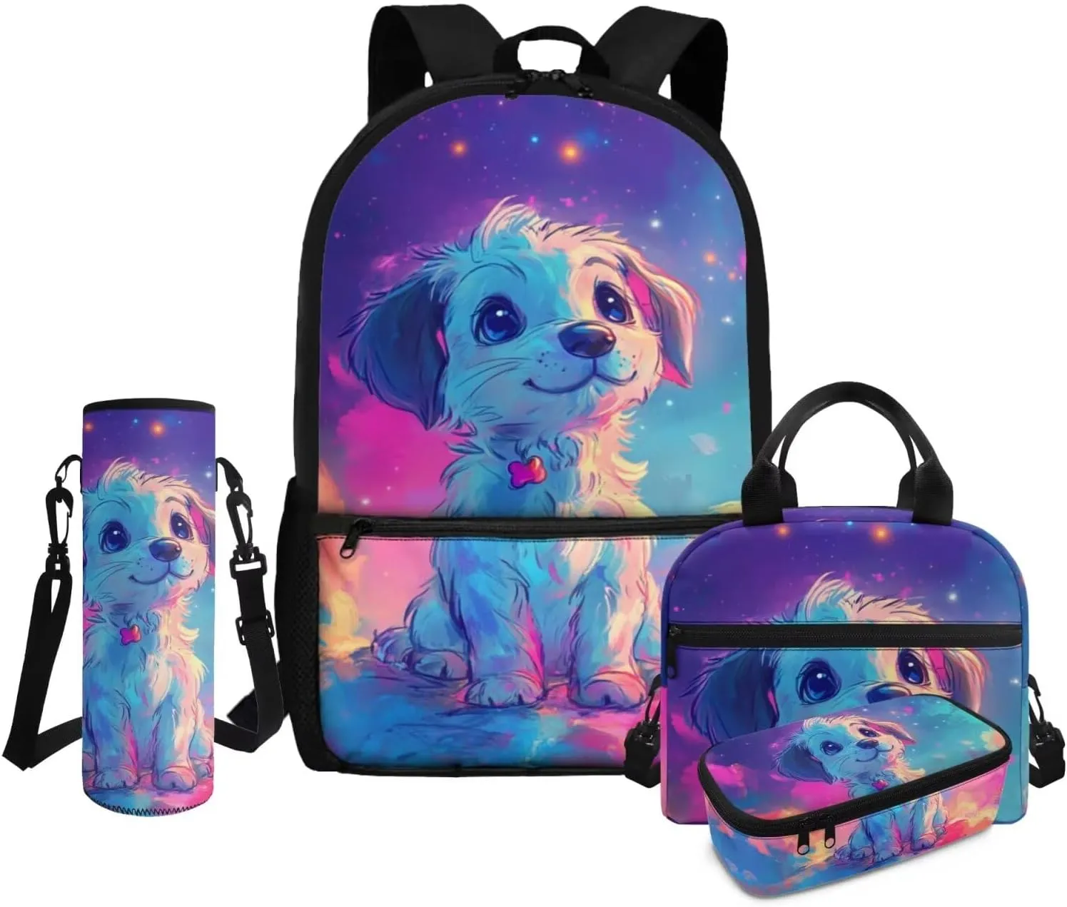 Dog Elementary Backpack for Girls 4pc Bookbag and Lunch Box Set 12-14 Ergonomic Large Capacity 6th Grade School Bag with Water Bottle Holder Travel Daypack
