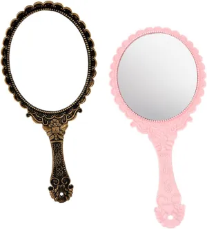 DOITOOL 2Pcs Vintage Patterned Makeup Mirror Handheld Compact Travel Mirror Portable Single Sided Pink Bronze