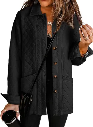 Dokotoo Casual Quilted Jackets for Women Button Down Collared Long Sleeve Shirts Spring Jackets with Pockets 2025