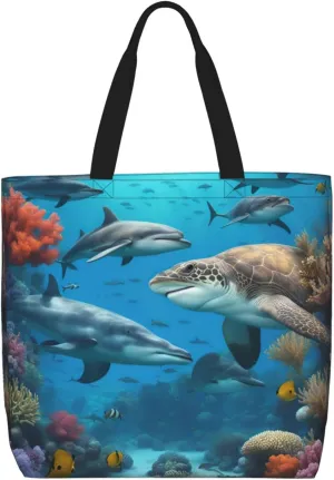 Dolphins Sea Turtle Shark Octopus Coral Reef print Tote Bags Casual Handbags 15.7 In Shoulder Bags for Work Travel Gym