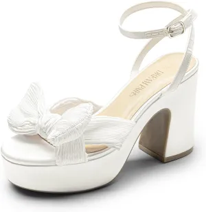 DREAM PAIRS Women's Chunky Platform Heels Sandals Pleated Bow Knot Ankle Buckle Strap Heeled Sandals Open Toe Comfortable Wedding Party Dress Shoes