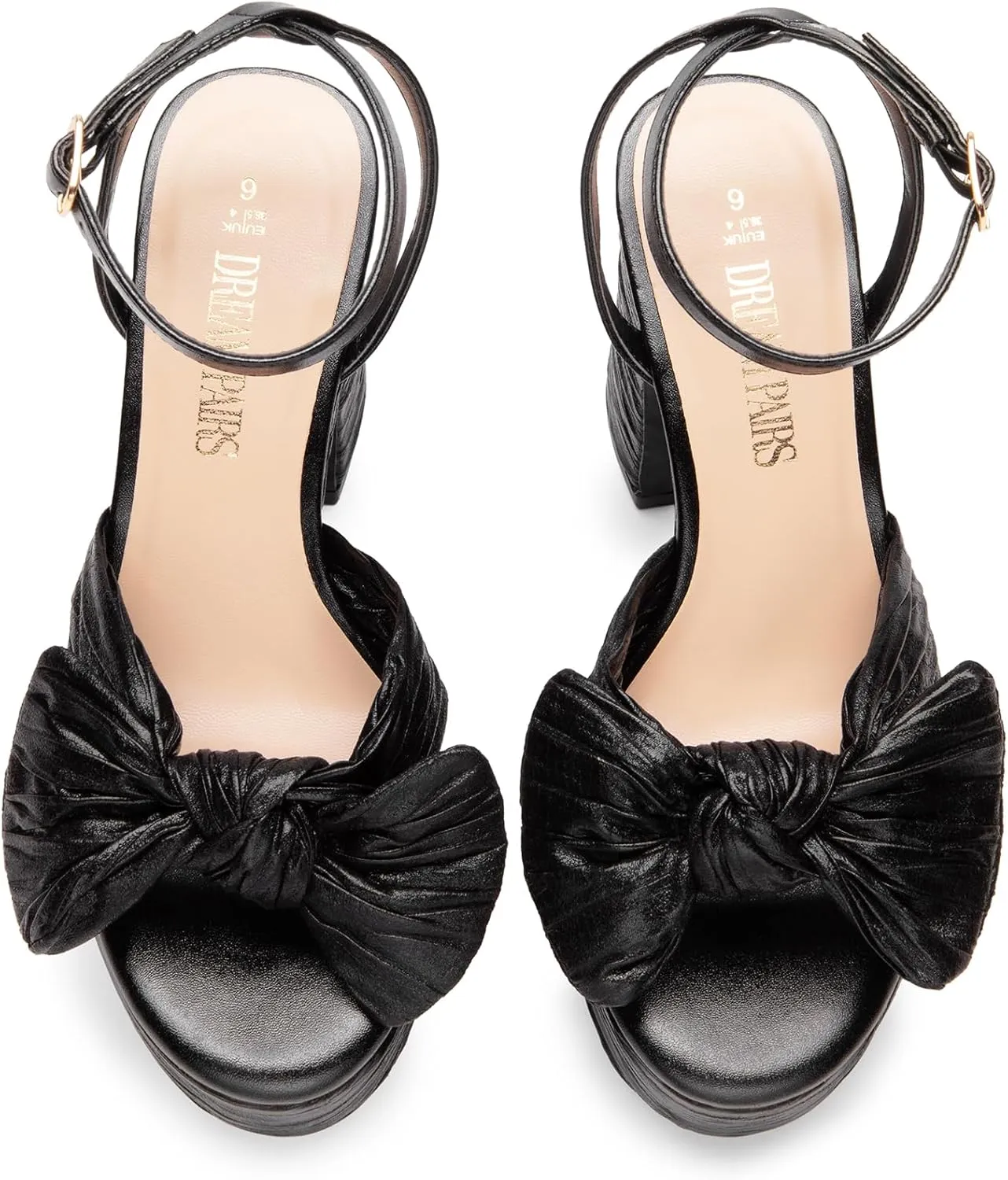 DREAM PAIRS Women's Chunky Platform Heels Sandals Pleated Bow Knot Ankle Buckle Strap Heeled Sandals Open Toe Comfortable Wedding Party Dress Shoes